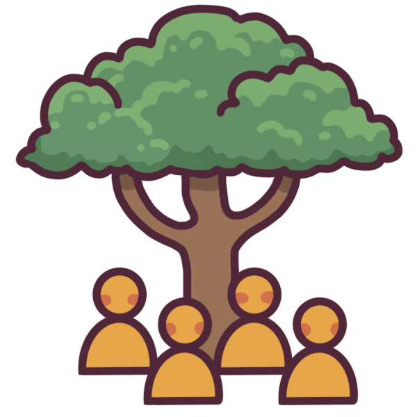 group of people with a tree growing behind them.